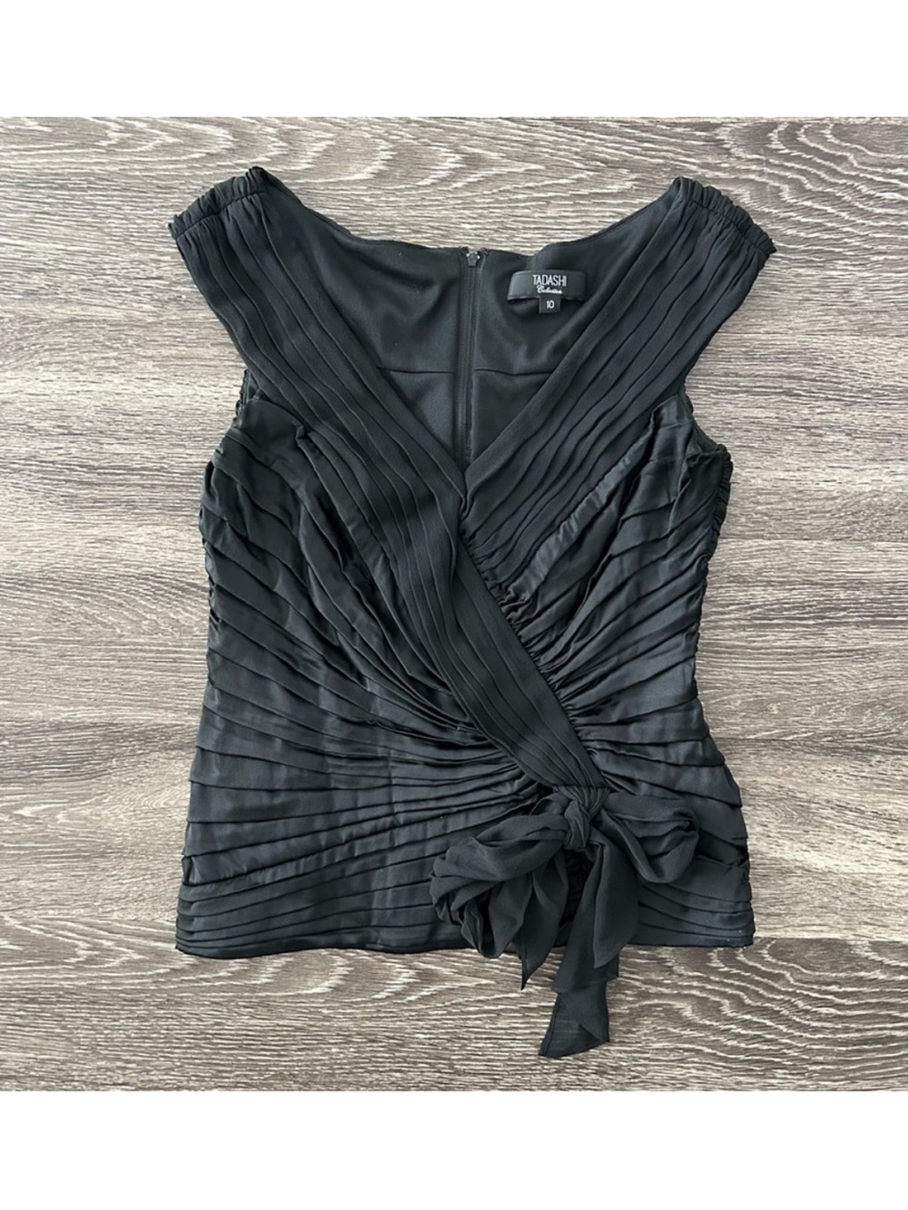 Tadashi Shoji LUXURIOUS Black Ruched pleated bow tie Satin Top